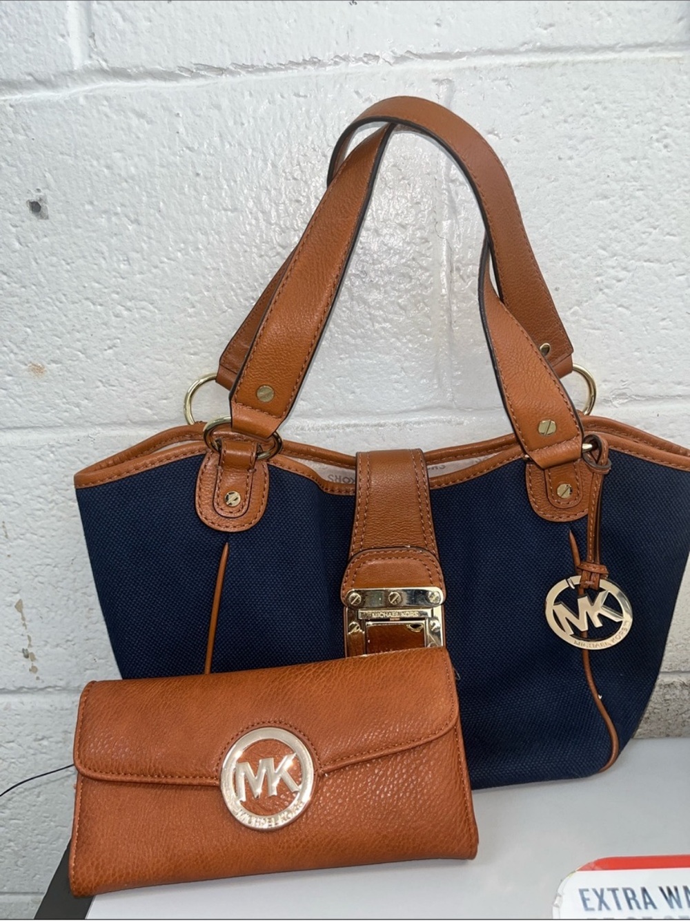Michael Kors Navy and Brown Satchel with Matching Wallet